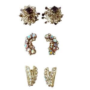 Three Pairs Of Vintage Clip On Earrings Clear Rhinestones Costume Jewelry
